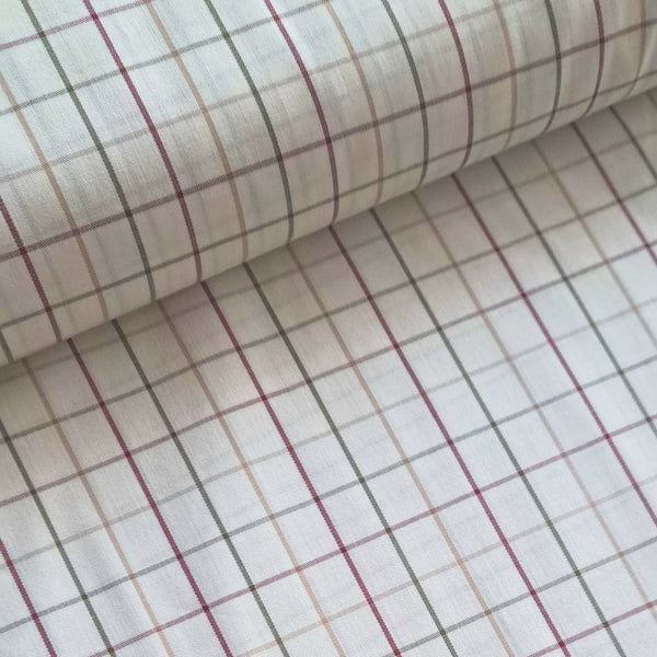 Beautiful cotton poplin in a classic  'Farmers' check square of green, burgundy and oatmeal on a cream background. Great to sew up into a classic shirt or even a shirtdress!!! Available to buy in half metre increments at Fabric Focus Edinburgh.
