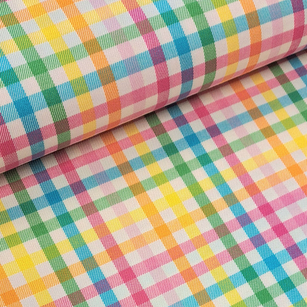 Hard wearing because of the blend between polyester and viscose.  Machine washable and crease resistant - suitable for clothing, kilts, trousers and suits and also for interior products such as curtains and cushions. This is a summery bright rainbow fashion check.  Sold in half metre increments at Fabric Focus.