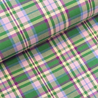 Hard wearing because of the blend between polyester and viscose.  Machine washable and crease resistant - suitable for clothing, kilts, trousers and suits and also for interior products such as curtains and cushions. This is a contemporary green/purple check called Glasgow.Sold in half metre increments at Fabric Focus.