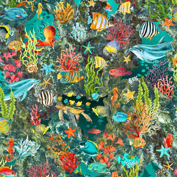 Stunning digital print cotton showing under the sea world of colourful fish, turtles and dolphins. Available to buy in store and online at Fabric Focus Edinburgh.