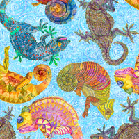 100% cotton featuring cute and colourful chameleon lizards on a blue background. Available to buy in quarter metre increments.