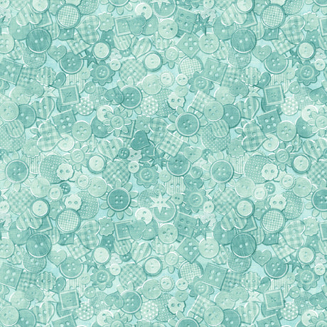 Just Sew is a 100% cotton featuring scattered buttons in a aqua colourway. Available to buy in quarter metre increments.