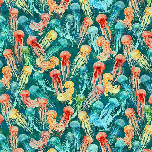 digital print cotton showing multi coloured jelly fish on aqua background. Available to buy instore and online at Fabric Focus Edinburgh.
