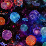 Sci Fi collection by Jason Yenter of In the Beginning fabrics showing planets and spaceships on a starry galaxy background printed on 100% cotton cloth. Available to buy in quarter metre increments.