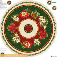 Circle printed panel ideal for a Christmas Tree skirt. Green and red base with Christmas florals. On 100% cotton this panel would also be great for a table topper quilt. Available to purchase at Fabric Focus Edinburgh.