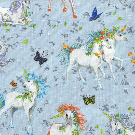 Pretty Please. Unicorns. Blue. 100% cotton. Fabric Focus