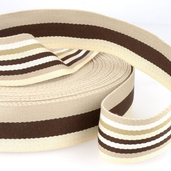 Double sided webbing in 40mm width. Three broad stripes on one side and nine narrower stripes on other. Available to buy instore and online at Fabric Focus Edinburgh.