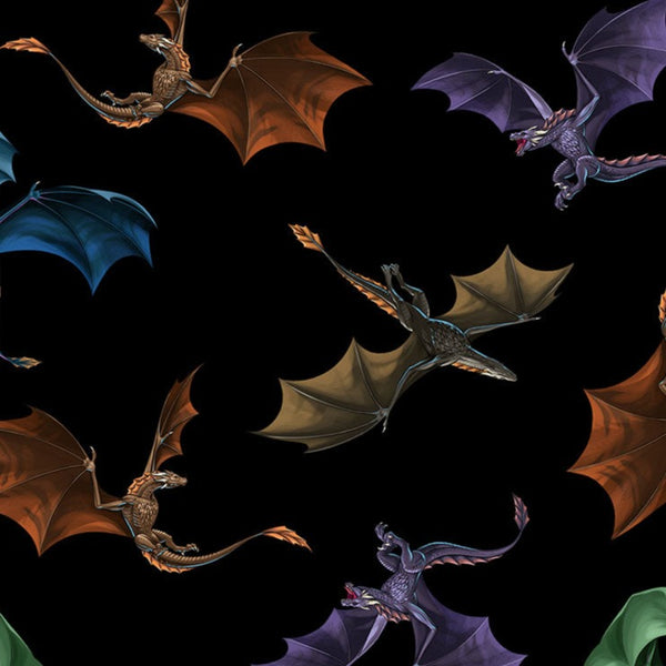 Beautiful flying Dragons on a deep black background. Perfect for any fans of these regal beasts and Games of Thrones.