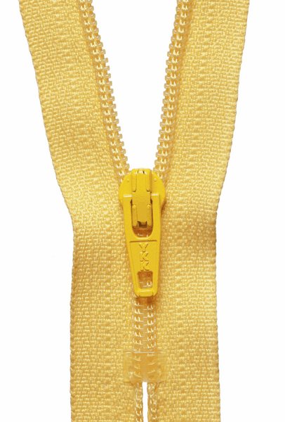 YKK dress zip. 001 yellow gold. various size lengths. Fabric Focus