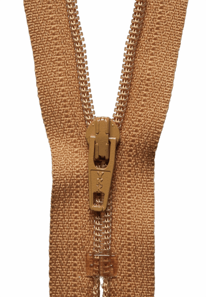 YKK dress zip. 508 old gold. various size lengths. Fabric Focus