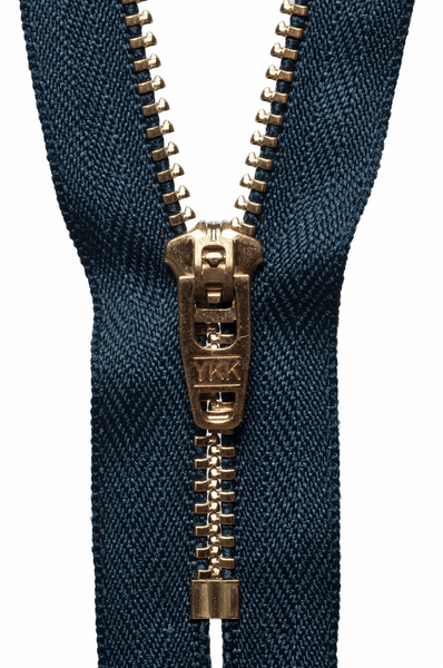 YKK brass jeans zip. dark navy blue. Fabric Focus