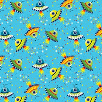 Blast Off Into Space cotton range showing mulicoloured flying saucer space ships on a bright blue background surrounded by stars. Available to buy in store and online at Fabric Focus Edinburgh.