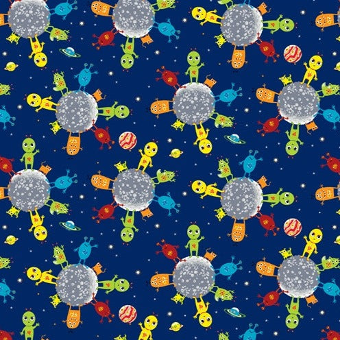 Blast off into space cotton range showing Alien World. Small colourful friendly looking alien creatures smiling and waving out at us on a blue background. Available to buy in store and online at Fabric Focus Edinburgh.