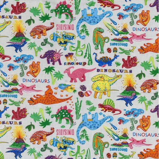 Dinosaur Dance scatter cream. Dinos scattered on a cream background. Available to buy in store and online at Fabric Focus Edinburgh.