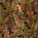 Dragons the Ancients fabric showing silhouettes of flying dragons on a grey background with green and pink celtic symbols. Available to buy in store and online at Fabric Focus Edinburgh.