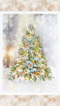 100% cotton Christmas panel showcasing a decorated tree in grey and peach. Available instore and online at Fabric Focus