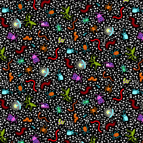 I’m Buggin’ Out is like taking a backyard safari in the world of insects and creepy crawlies, brightly coloured creepy crawlies scattered on a black background printed on 100% cotton cloth. Available to buy in quarter metre increments.