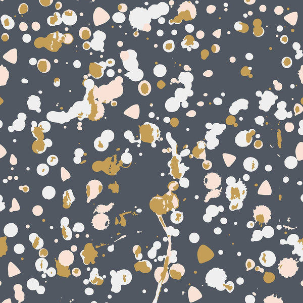 Splatter design of silver and pink on a charcoal background. 1005 cotton available to buy in store and online at Fabric Focus Edinburgh.