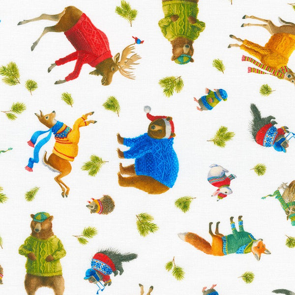 Santa's Woodland Walk shows woodland animals in their very best Christmas jumpers, hats and scarves. Featuring bears, deer, foxes, rabbits and hedgehogs in their winter finery on a white background. Available to buy in quarter metre increments.