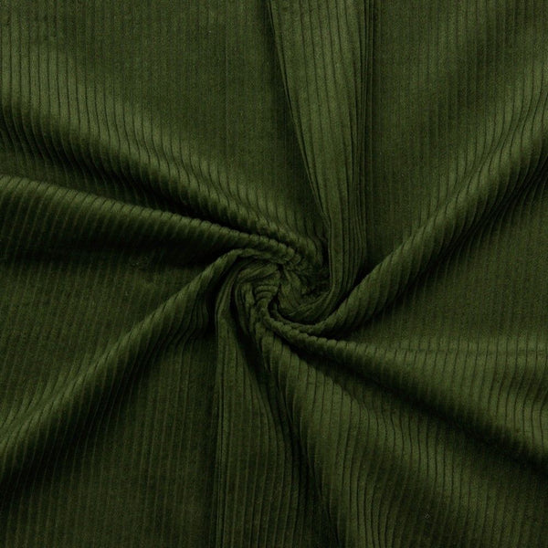 Lustrous and soft, Corduroy is also extremely durable and can be used in dressmaking, for soft furnishings and toys and even for upholstery. This is approximately a 4.5 wale. And comes in many wearable colours, this being a classic olive green. Available to buy online in half metre increments.